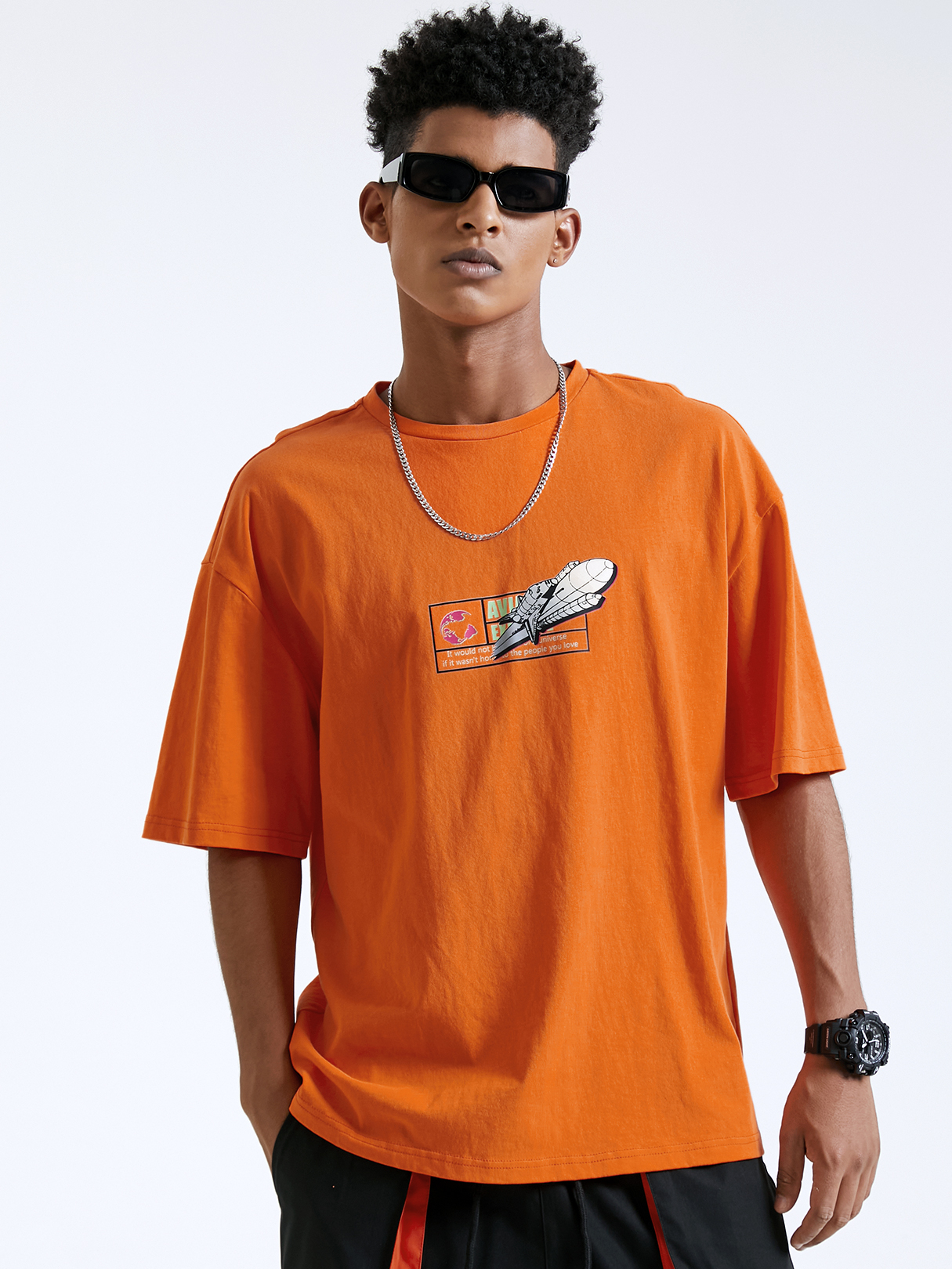 Men 100% Cotton Rokect And Earth Print T-shirt