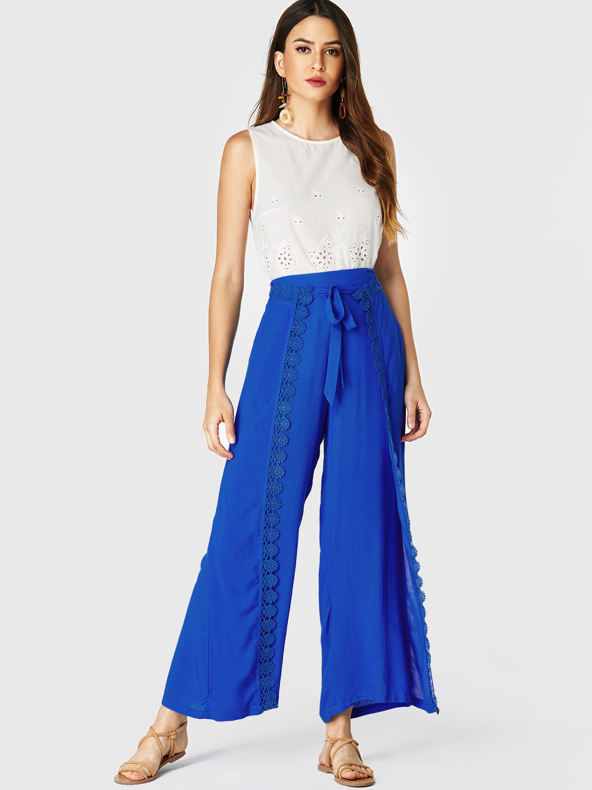 YOINS Royal Blue Crochet Lace Embellished Tie-up Design Pants