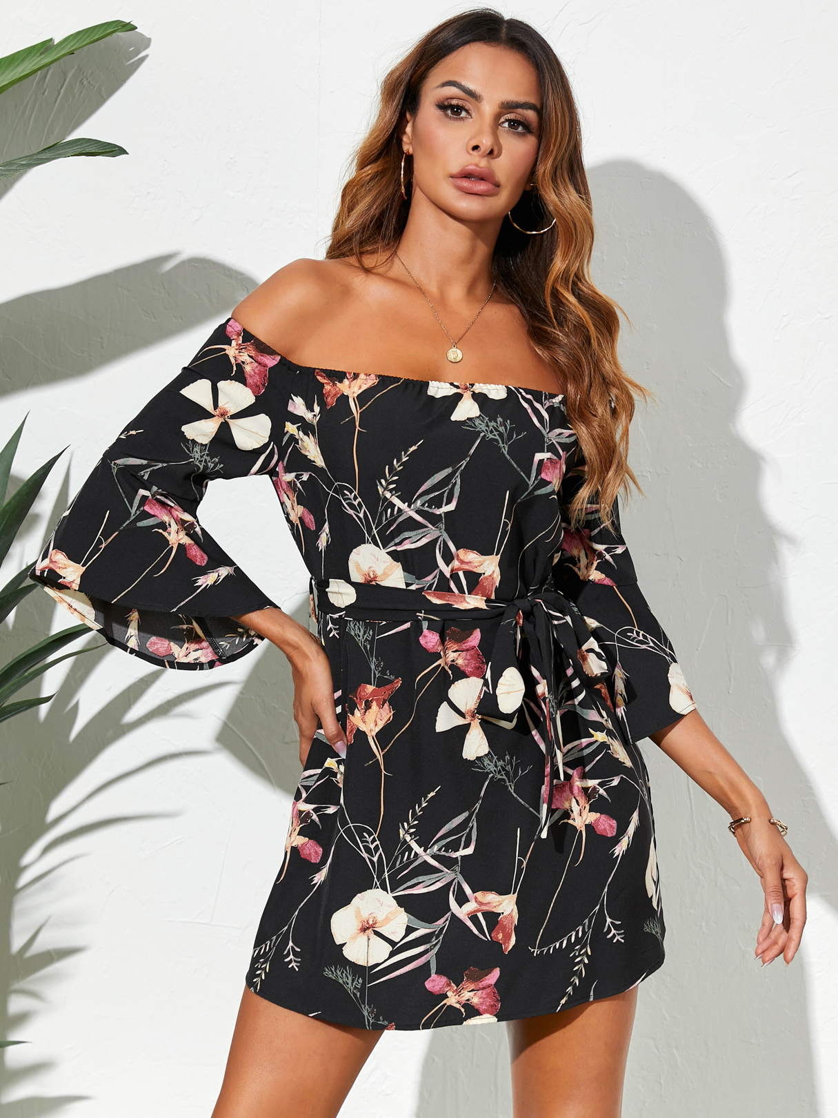 YOINS Off The Shoulder Floral Print Belt Design Short Sleeves Mini Dress