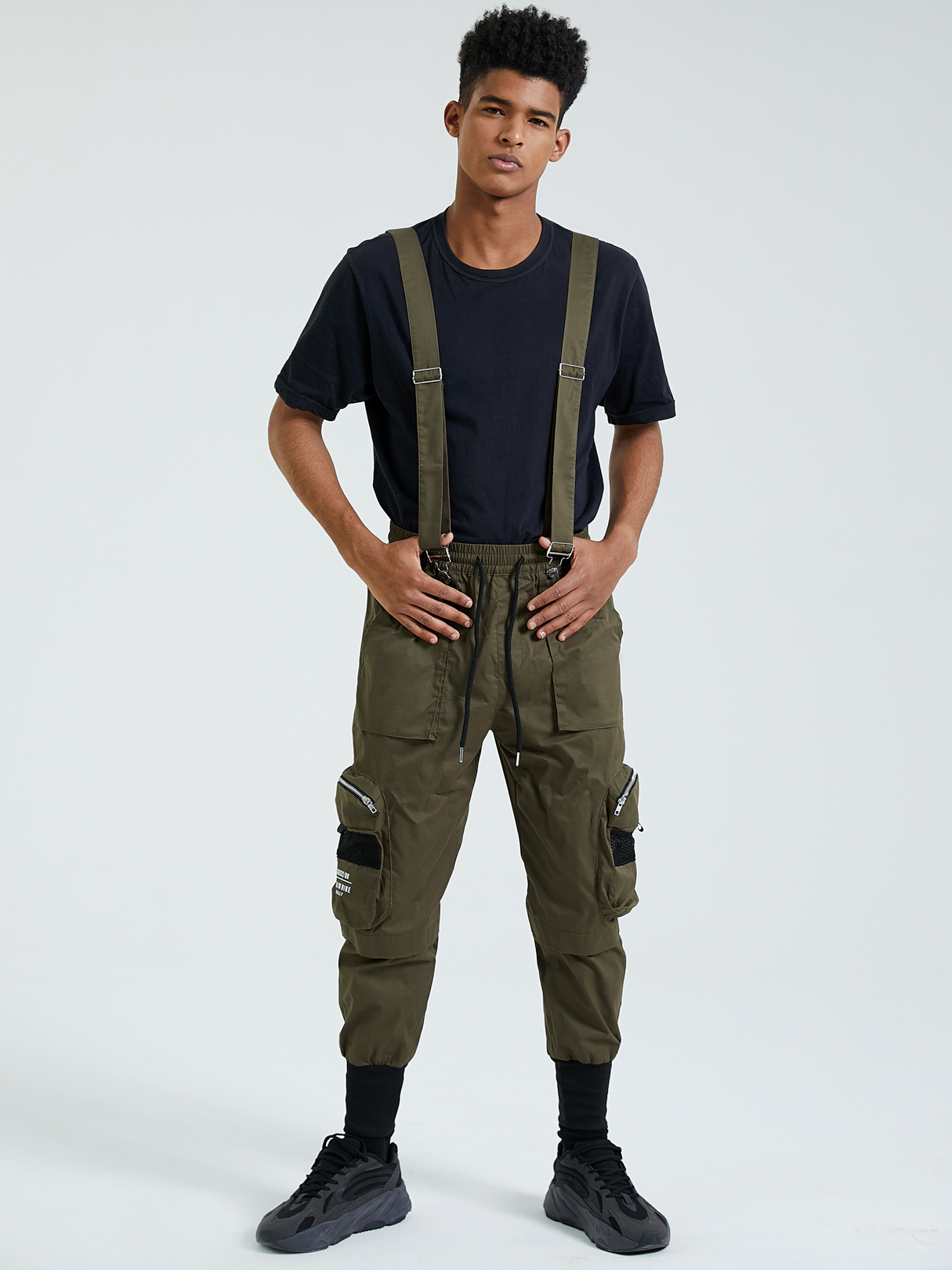 Men 100% Cotton Fashion Solid Color Cargo Suspender Jumpsuit