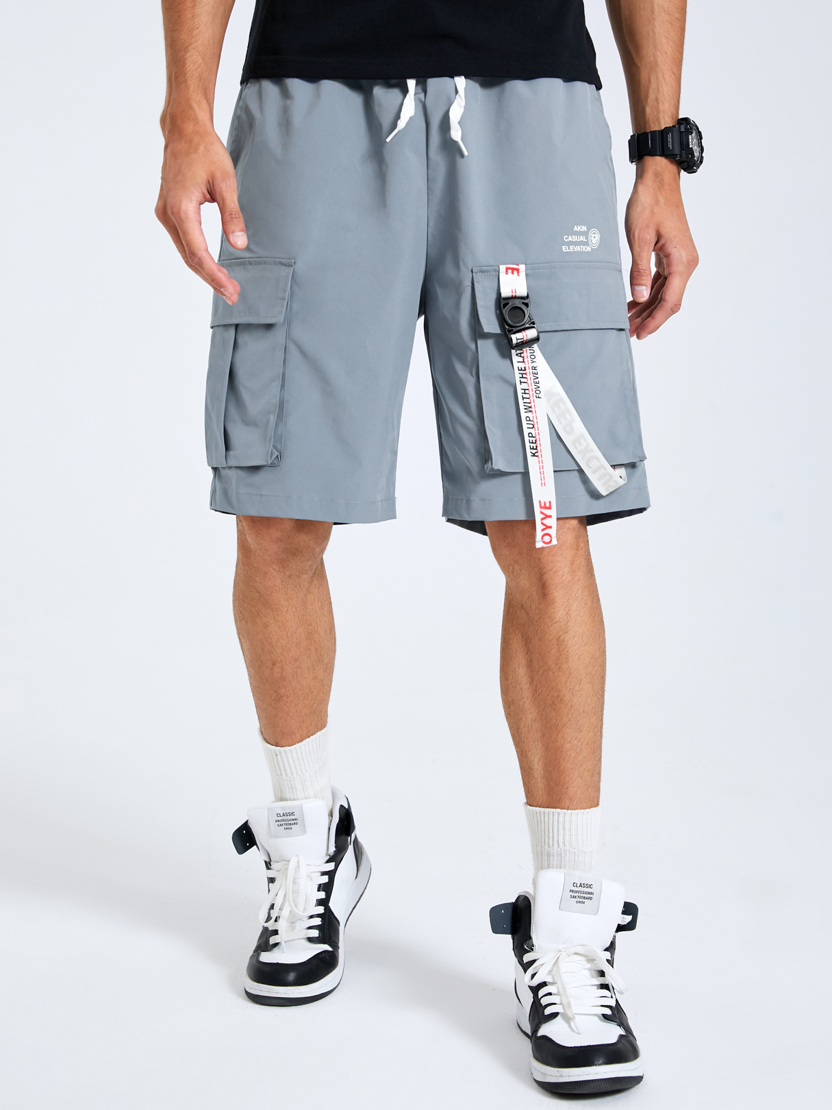 Men Casual Plain Ribbon Design Drawstring Waist Pocket Cargo Shorts