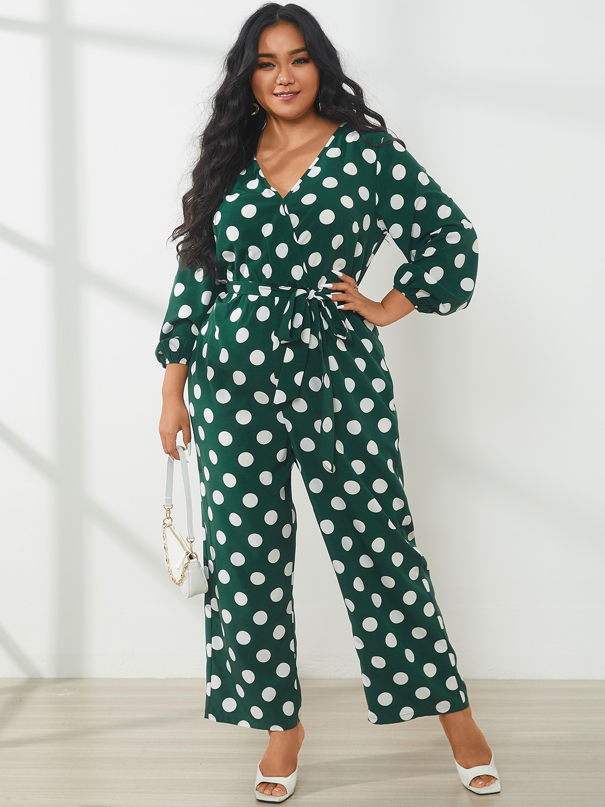 YOINS Plus Size V-neck Polka Dot Belt Design Self-tie Design Jumpsuit