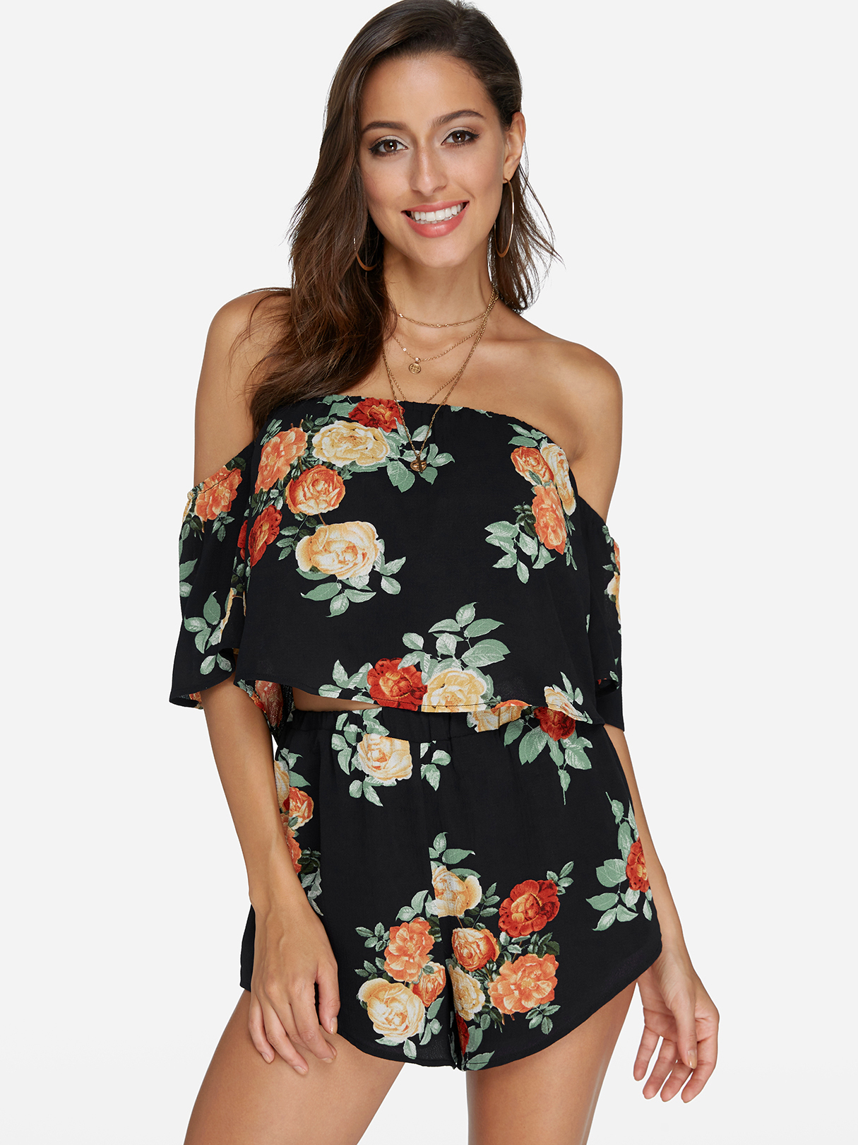 Blue Floral Print Off The Shoulder Short Sleeves Top & Short Two Piece Outfits