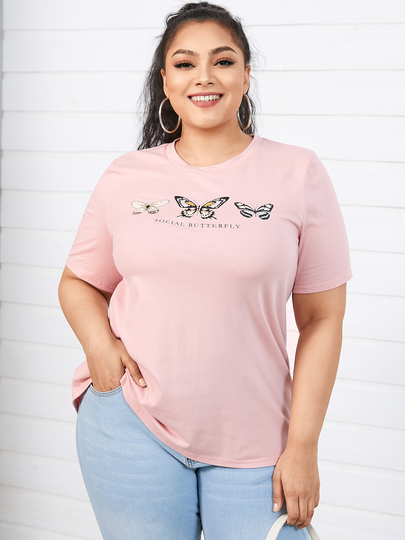 YOINS Plus Size Crew Neck Butterfly Letter Knit Short Sleeves Tee