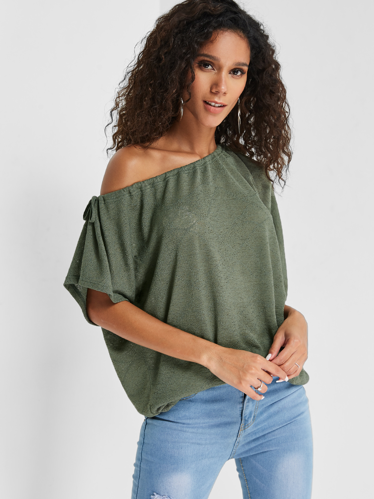 Army Green One Shoulder Short Sleeves Top