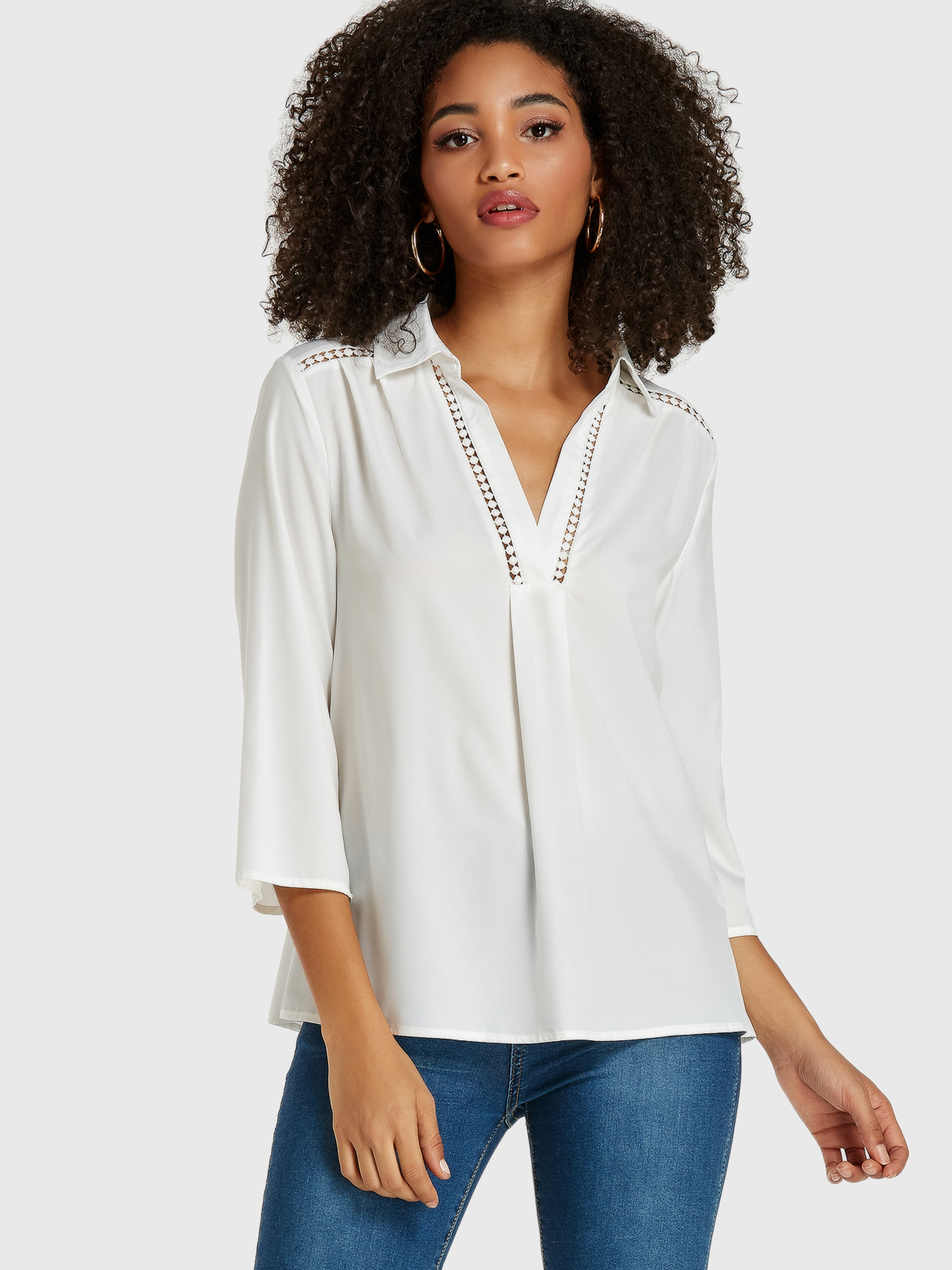 YOINS BASICS White Hollow Design Revere Collar Blouse