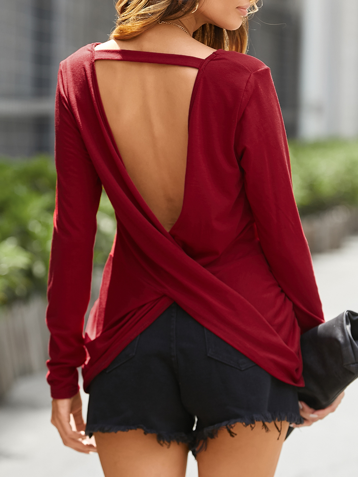 YOINS Backless Design V-neck Long Sleeves Tee