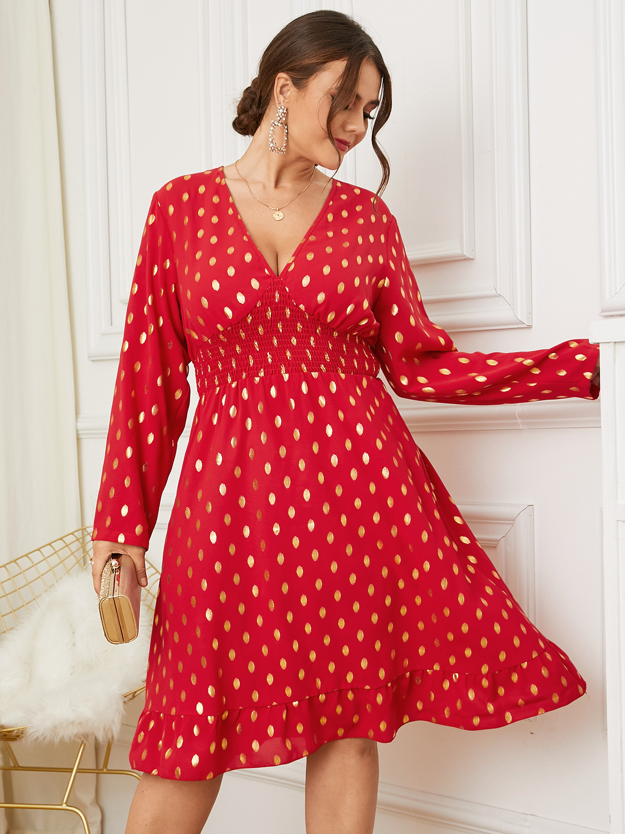 YOINS Plus Size Deep V Neck Polka Dot Shirring Long Sleeves Dress