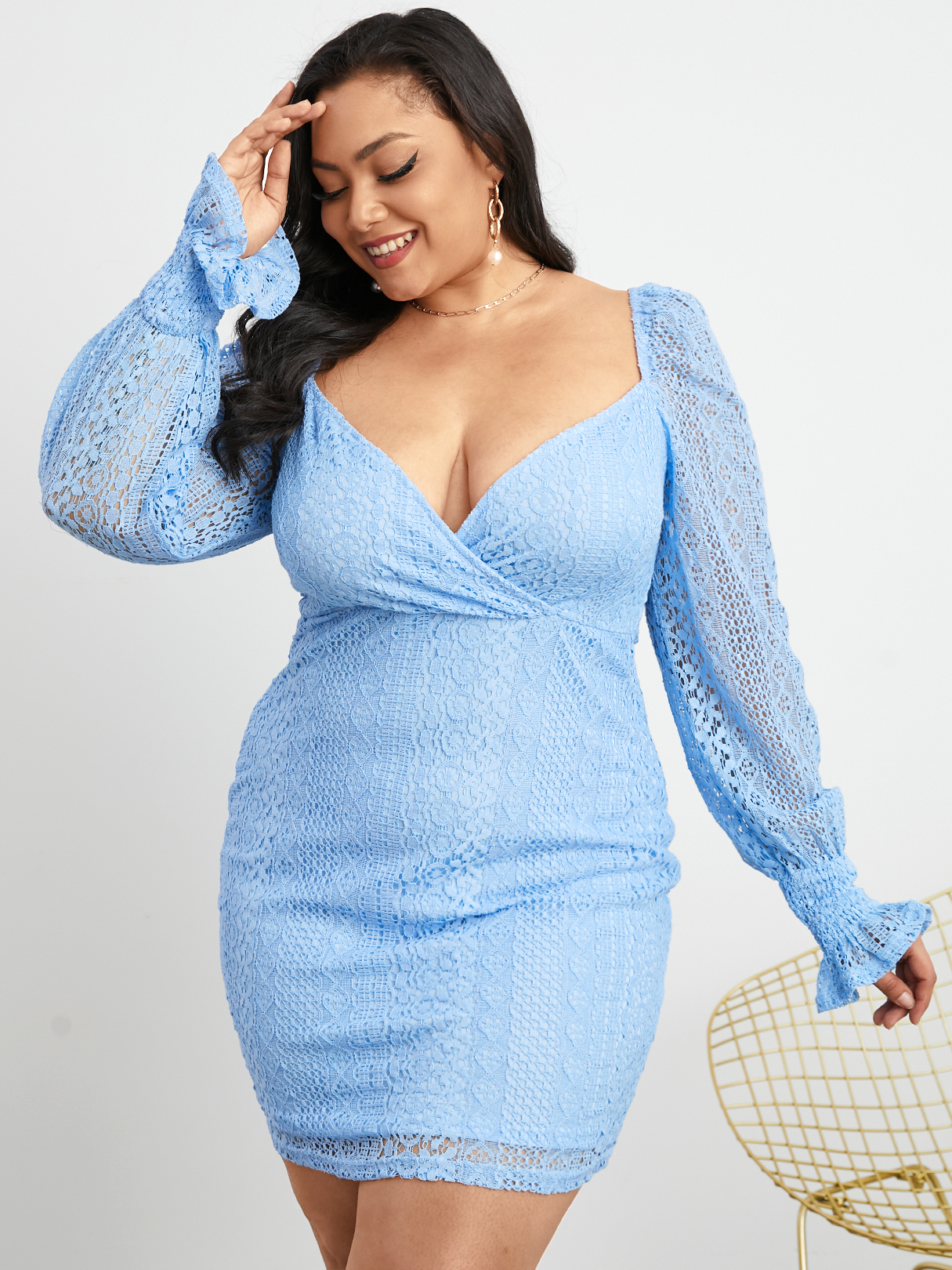 YOINS Plus Size Deep V Neck Crossed Front Design Long Sleeves Dress