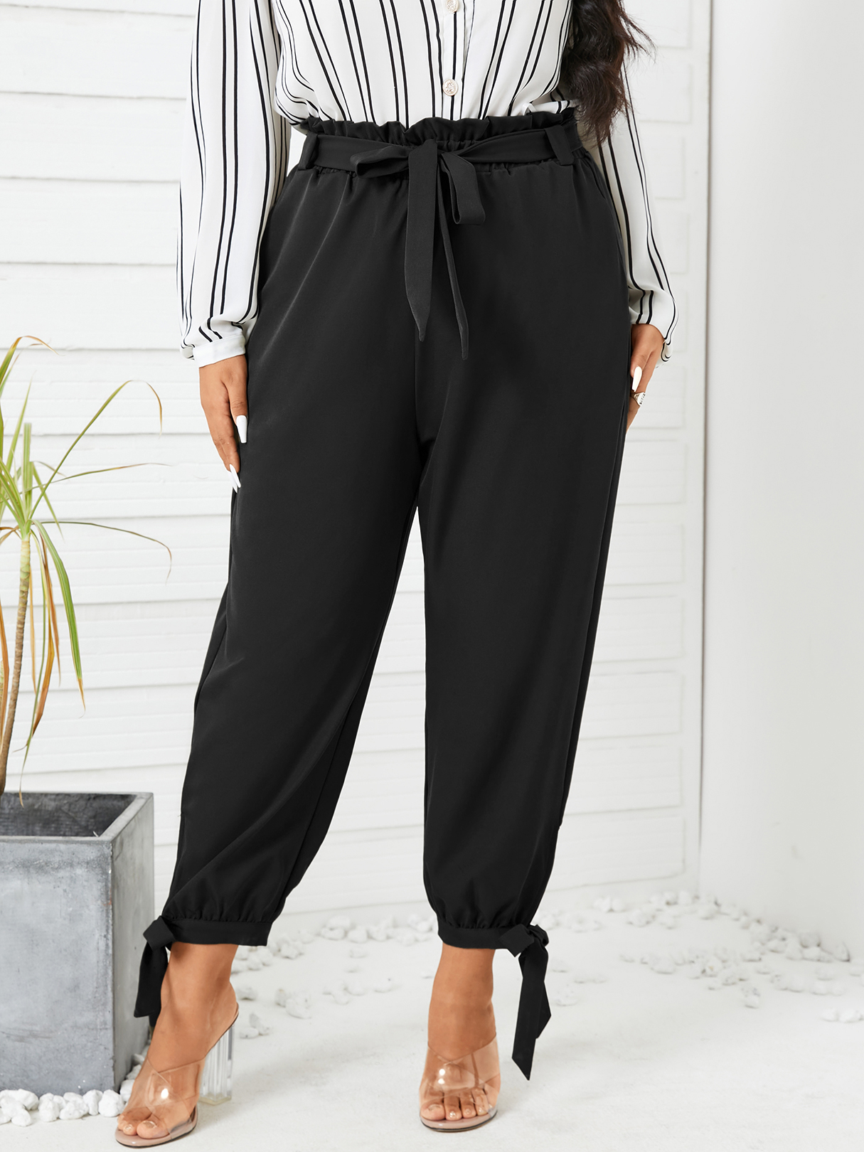 YOINS Plus Size Elastic Strap Tie-up Design Belt Design Side Pockets Pants