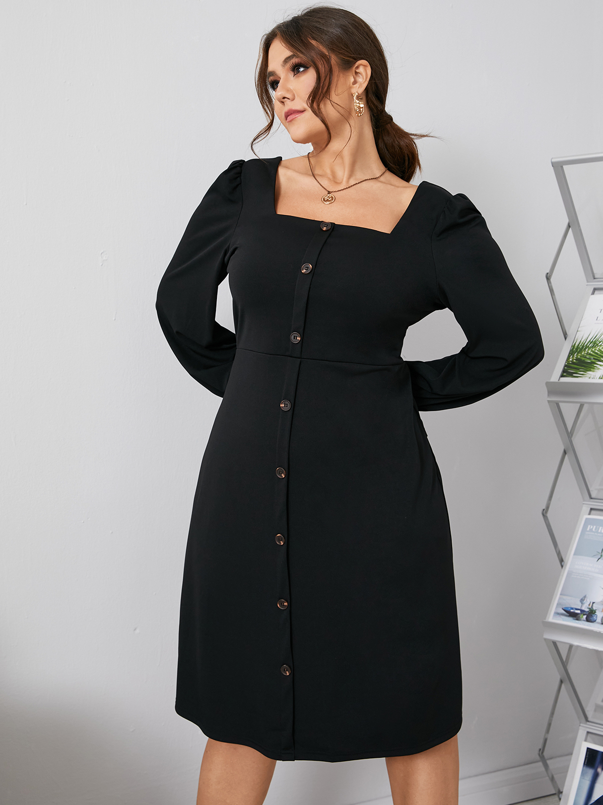 YOINS Plus Size Square Neck Front Button Long Sleeves Dress