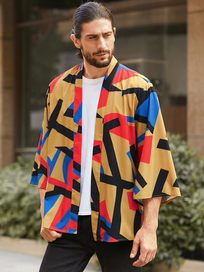 Men Casual Color Block Geometric Multicolor Kimono Sunscreen Coat Cardigan