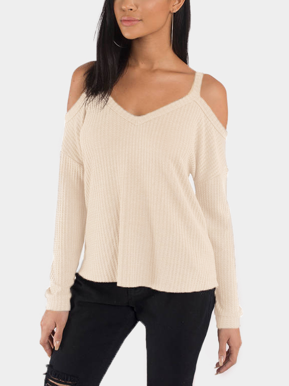 Beige Cold Shoulder Long Sleeves Top with High Low Hem