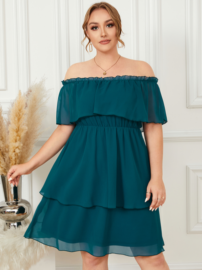 YOINS Plus Size Off The Shoulder Double Layer Short Sleeves Dress