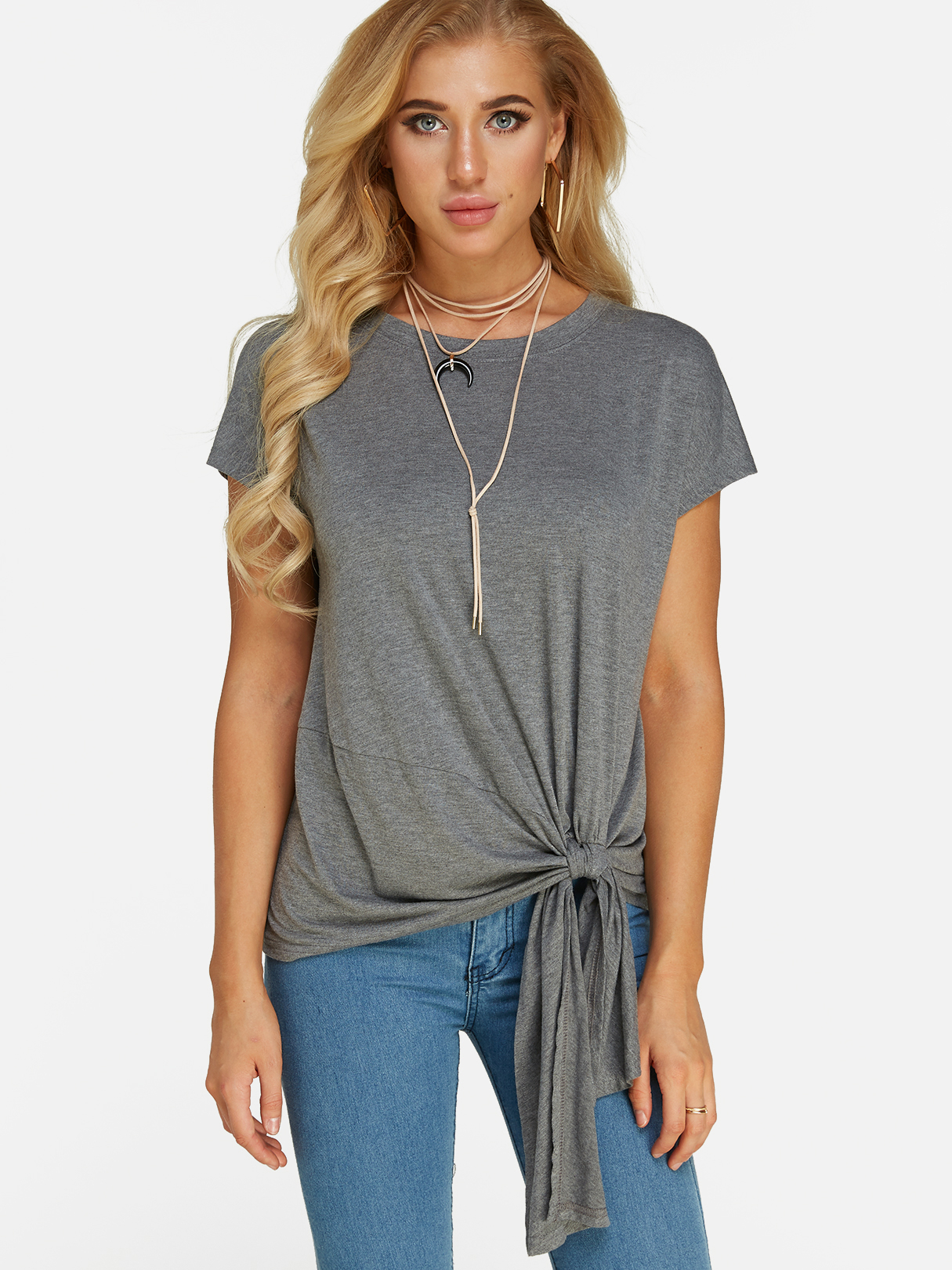 Grey Lace-up Design Round Neck Short Sleeves Pleated T-shirt