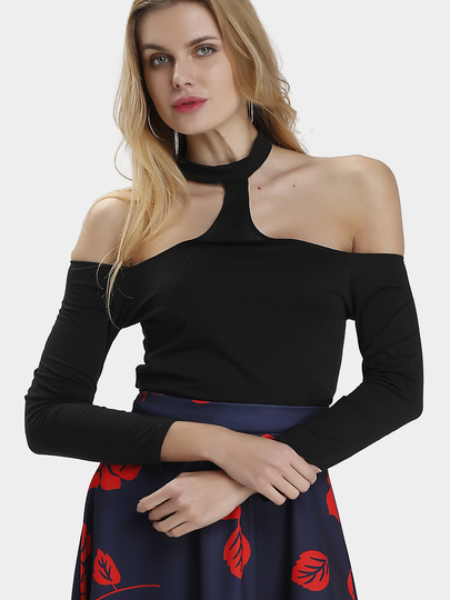 Black Choker Off Shoulder Long Sleeve Crop Top