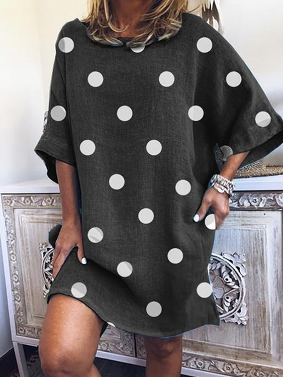 Casual Polka Dot Short Sleeves Round Neck Mini Dress