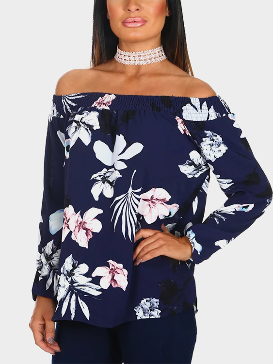 Navy Random Floral Print Off Shoulder Long Sleeves Blouse