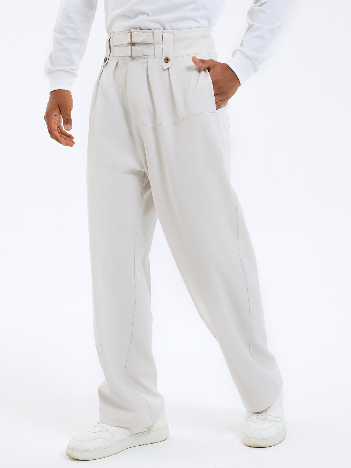 Men Fashion Double Row Belt Design Loose High Waist Casual Pants