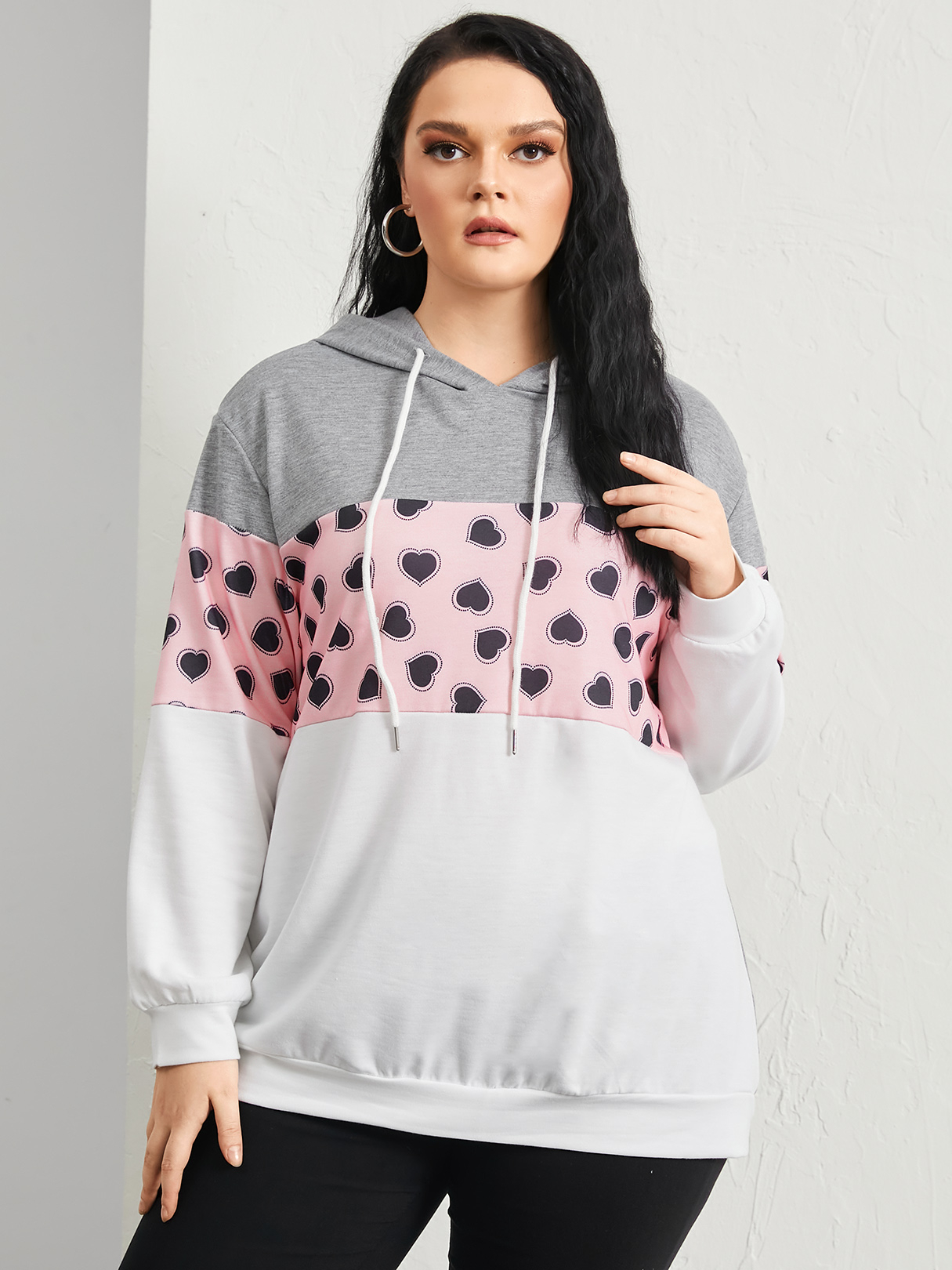 YOINS Plus Size Heart Hooded Design Patchwork Design Long Sleeves Sweatshirt