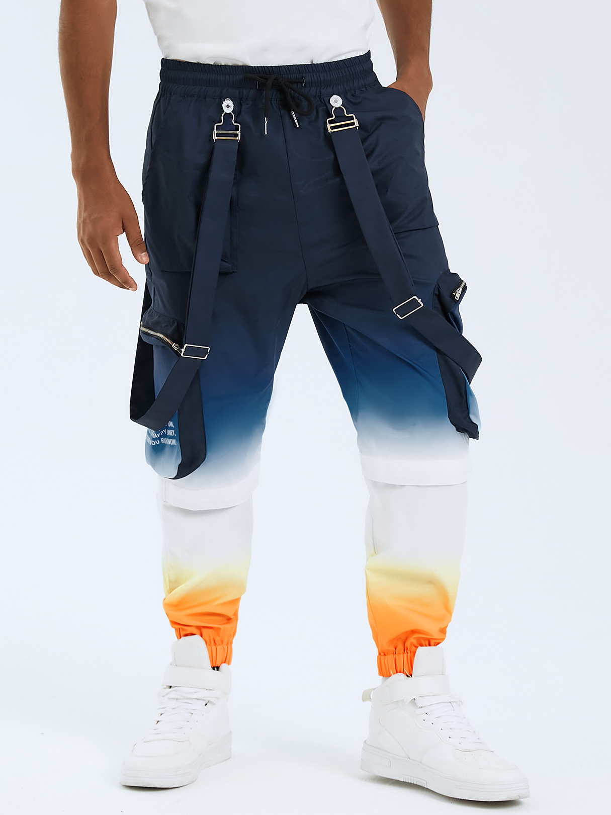 Men Hip Hop Style Gradient Color Drawstring Suspender Cargo Pants