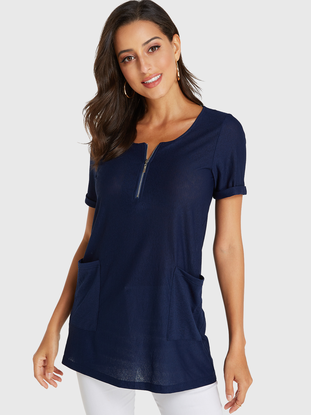 YOINS Navy Pocket Design Round Neck Short Sleeves Blouse
