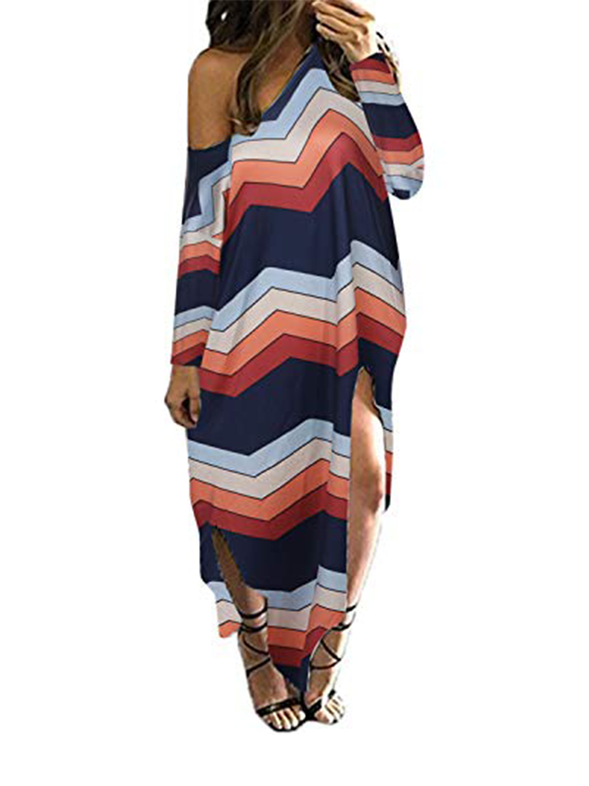 YOINS Multicolor Slit Design Striped One Shoulder Long Sleeves Dress
