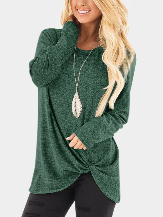Green Twist Round Neck Long Sleeves Irregular Hem T-shirt