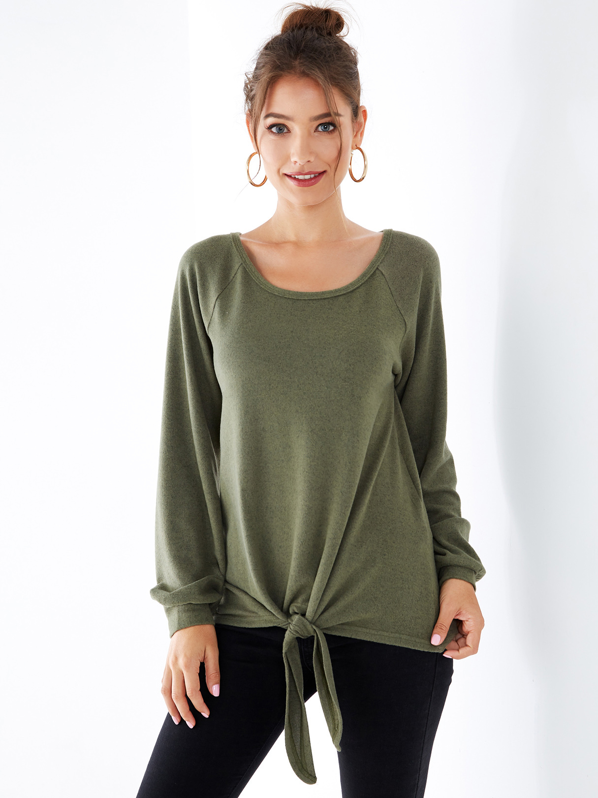 YOINS Green Tie-up Design Round Neck Long Sleeves Tee