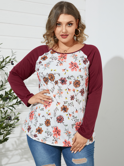 Plus Size Round Neck Patchwork Floral Print Long Sleeves Tee