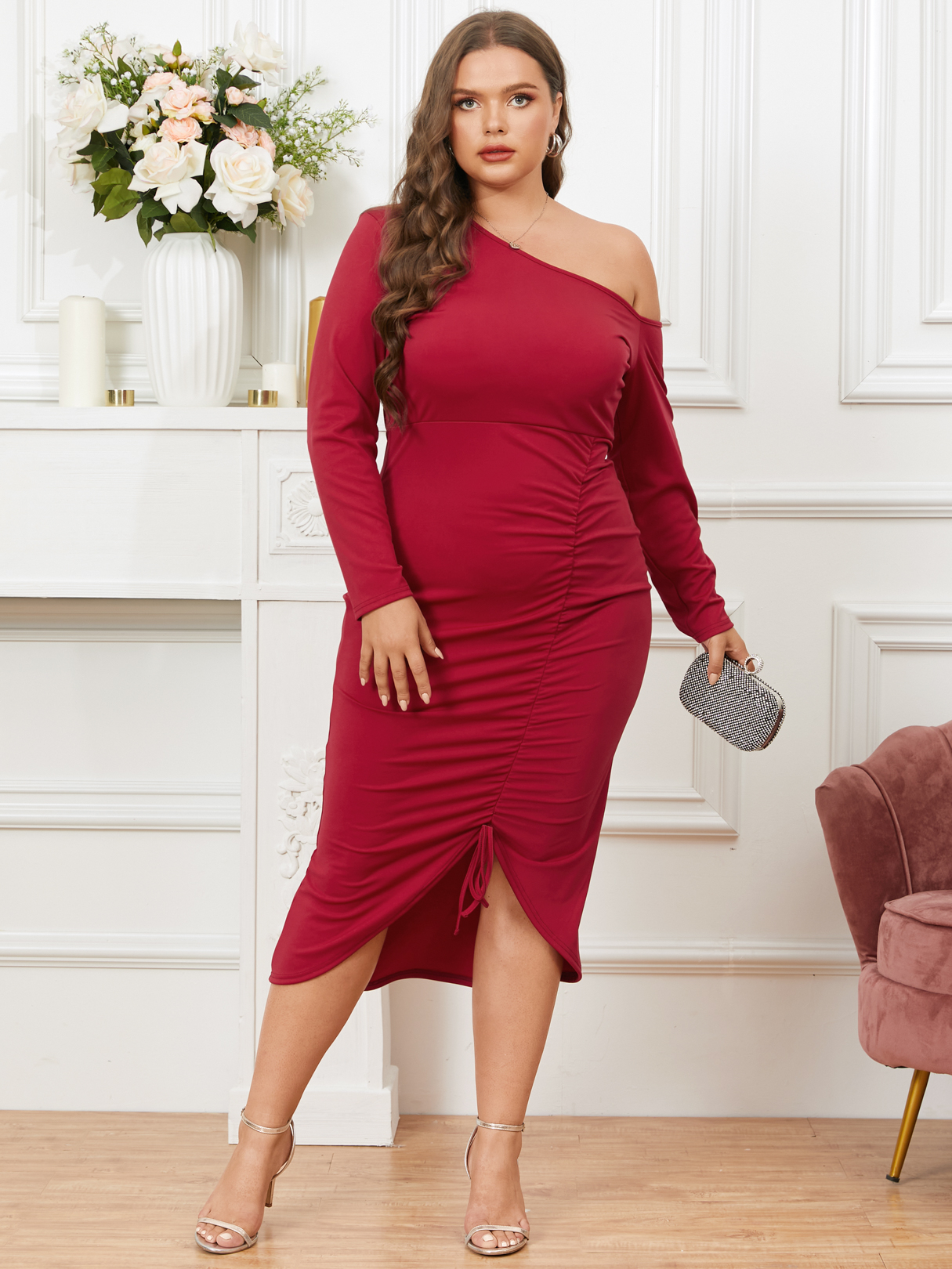 YOINS Plus Size One Shoulder Tie-up Design Ruched Long Sleeves Dress