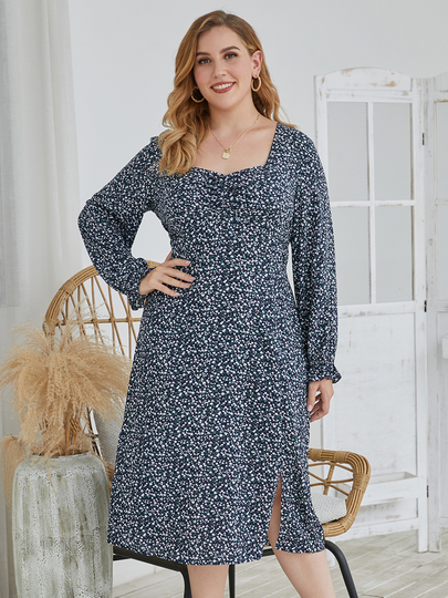 Plus Size Calico Long Sleeves Dress