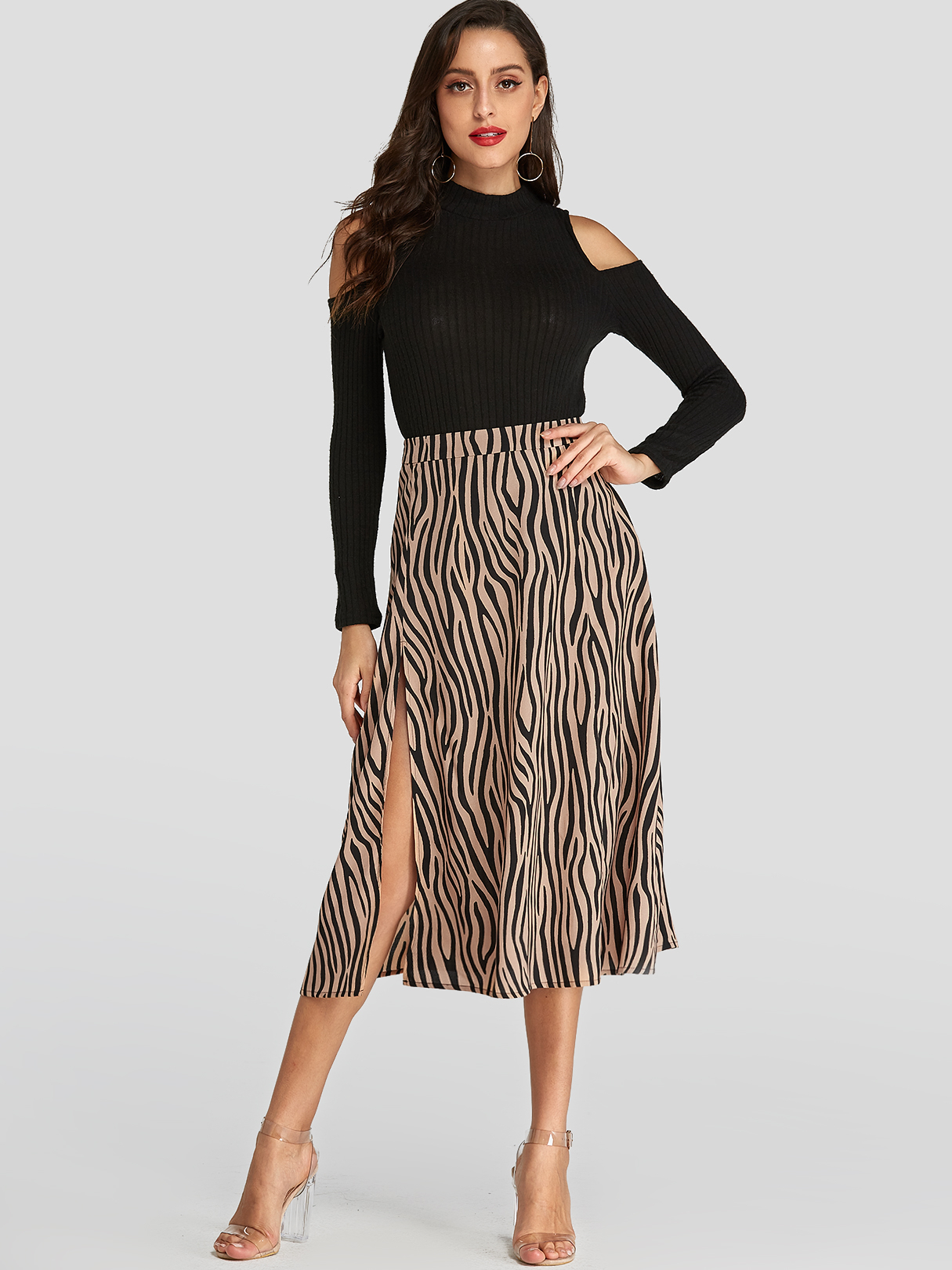 Zebra Pattern Slit Hem Mid Waist Zip Design Skirt