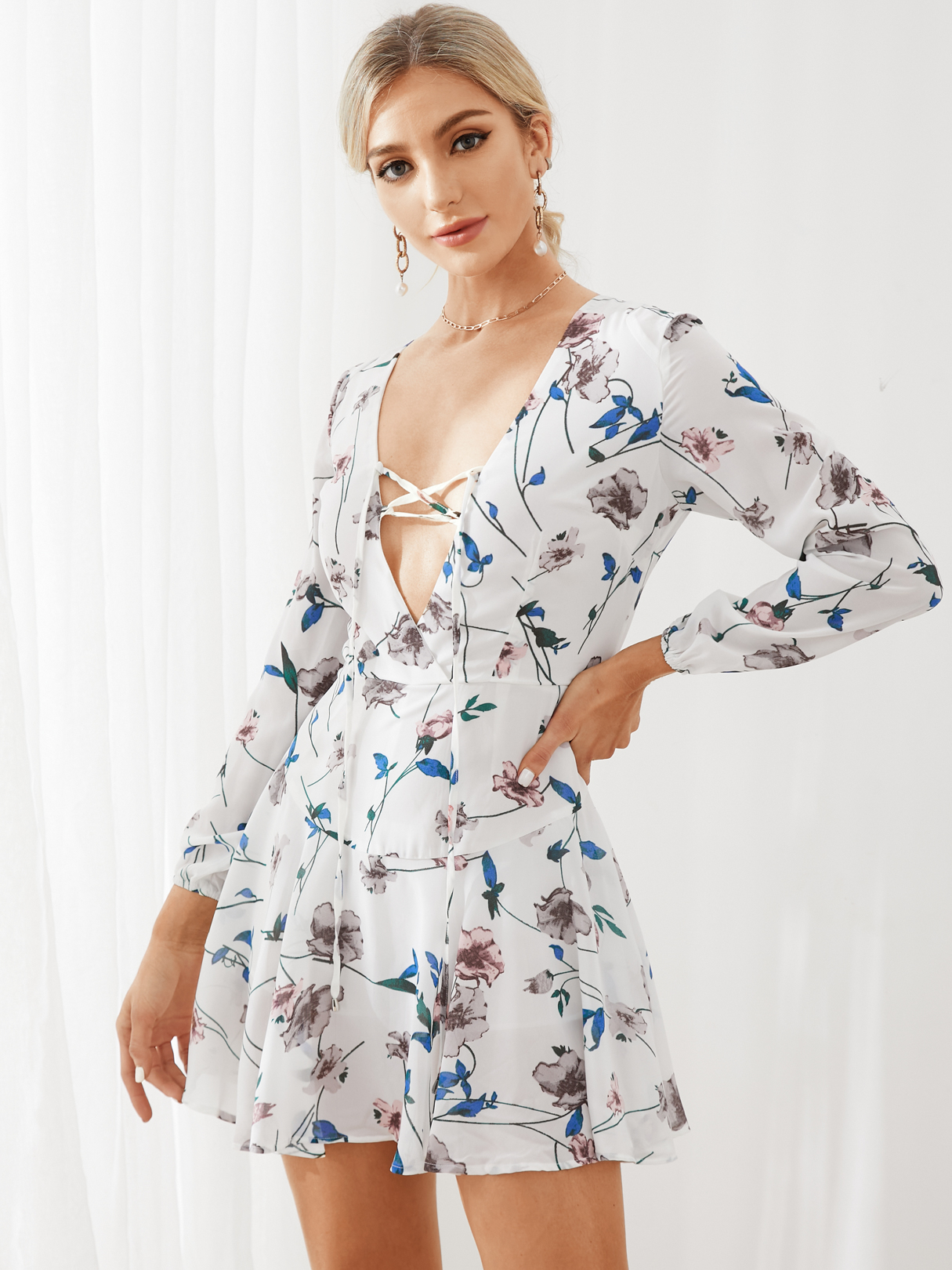 Fashion Random Floral Print Lace-up Front Mini Dress with Zip Back