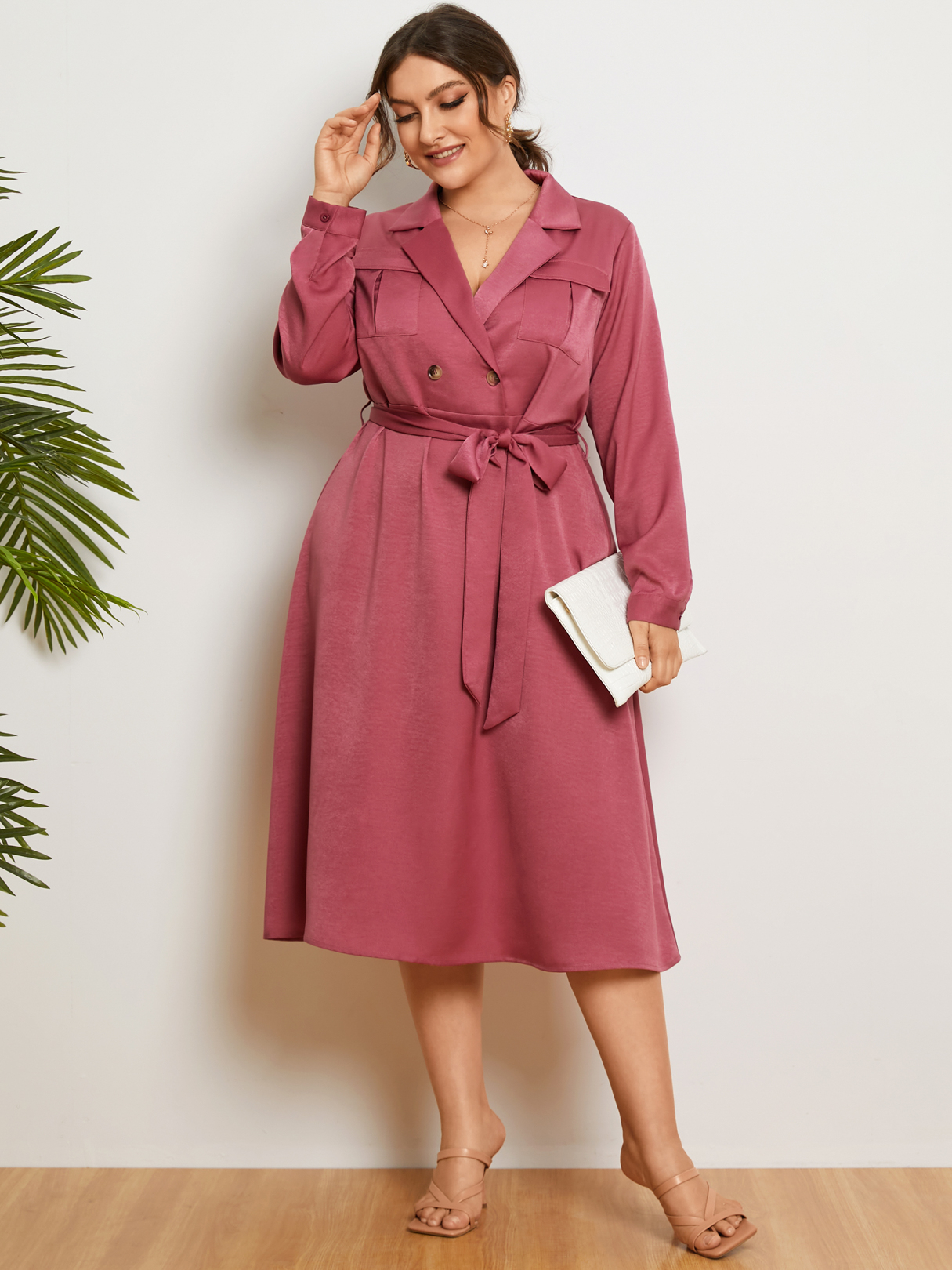 YOINS Plus Size Notch Collar Belt Design Button Design Long Sleeves Dress