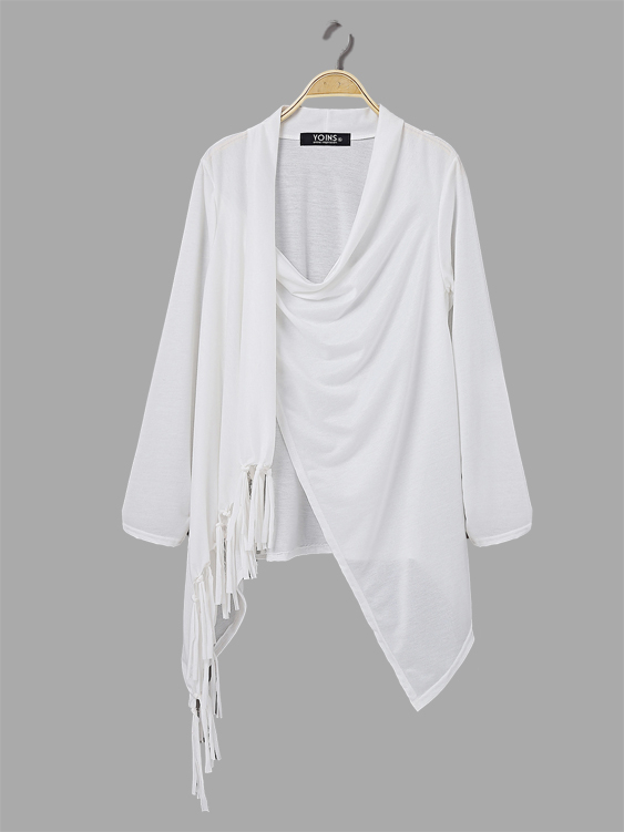 Sheer-through White Blouse with Tassel Details and Irregular Hem