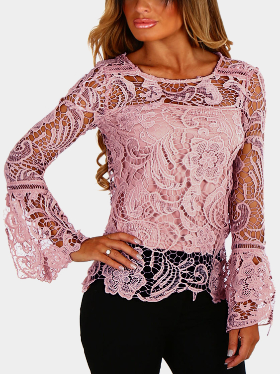 Pinkish-purple See-through Lace Details Round Neck Long Sleeves Sexy Top