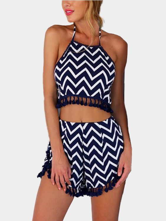 Navy Wave Print Co-ords With Pom Pom Details