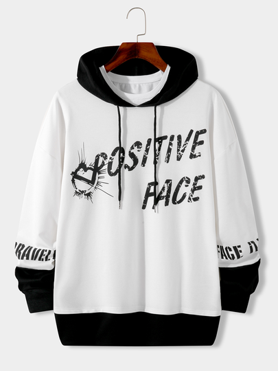 Men Two Tone Patchwork Slogan Printed Hoodie