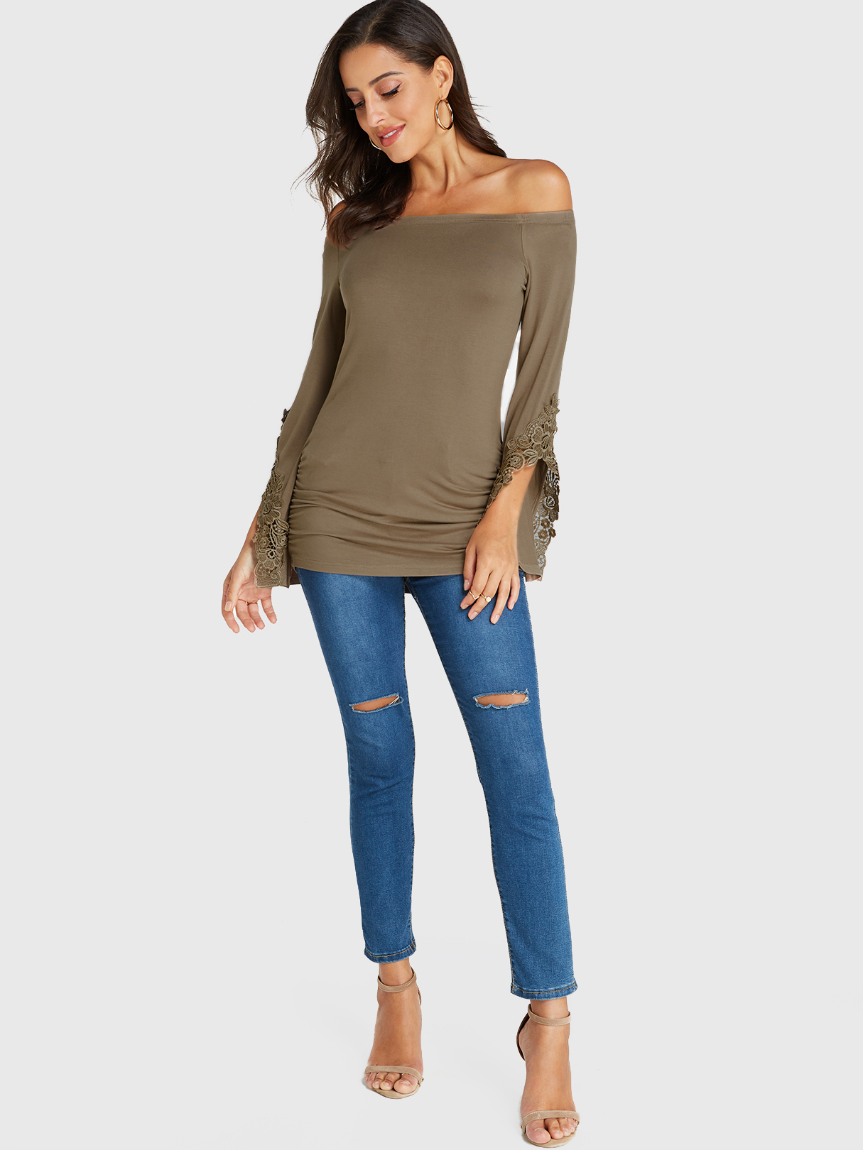 YOINS Khaki Lace Off The Shoulder Long Sleeves Top