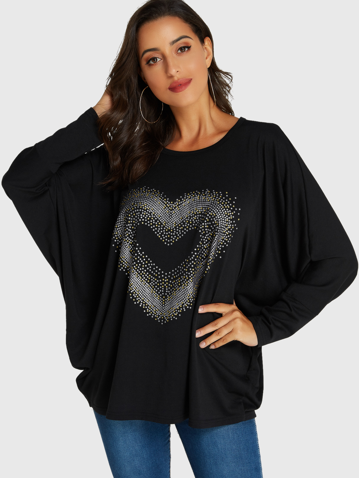 YOINS Black Rhinestones Embellished Bat Sleeves Blouse
