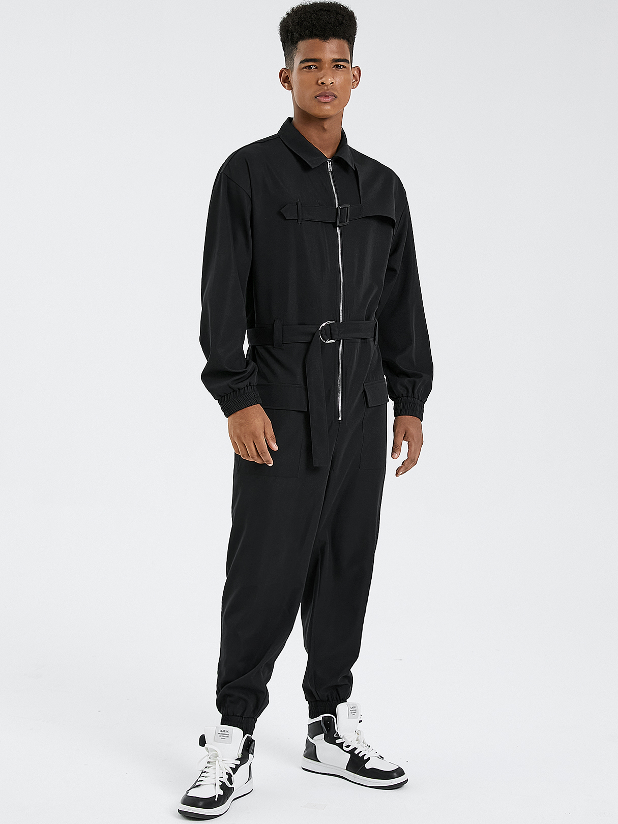 Men Vintage Buckle Belt Design Long Sleeve Overalls Jumpsuit