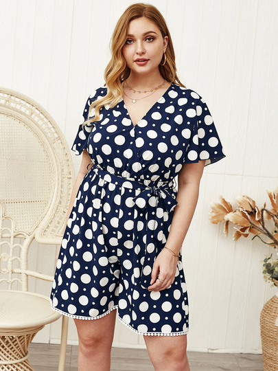 Plus Size V-neck Polka Dot Short Sleeves Playsuit