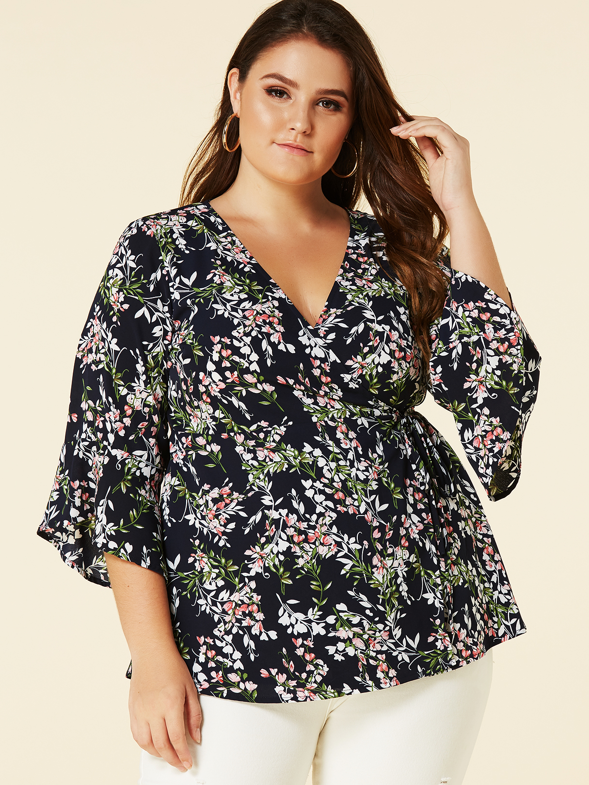 YOINS Plus Size Navy Random Floral Print Wrap Blouse