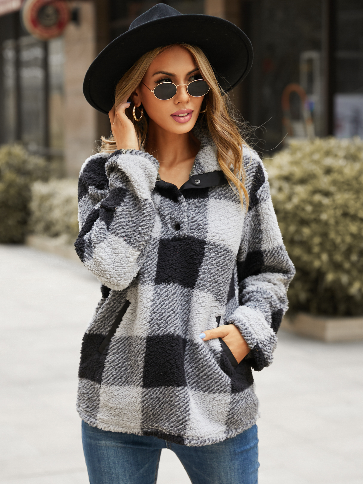 YOINS Pullover Plaid Long sleeves Sweatshirt