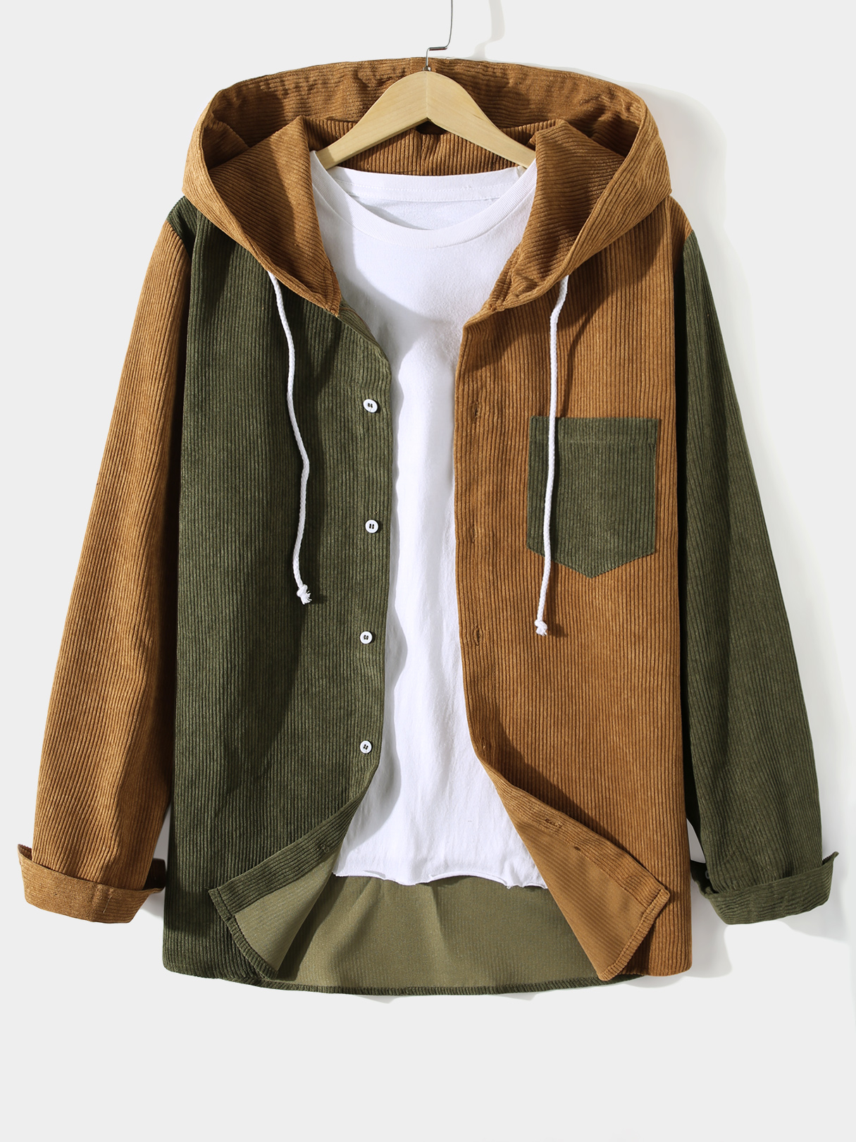 Men Corduroy Color Block Button Front Hooded Drawstring Shirt