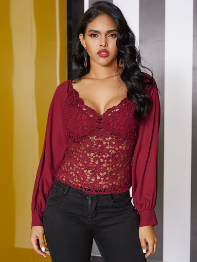 YOINS Burgundy Lace Mesh Splice Shirring V-neck Lantern sleeves Blouse