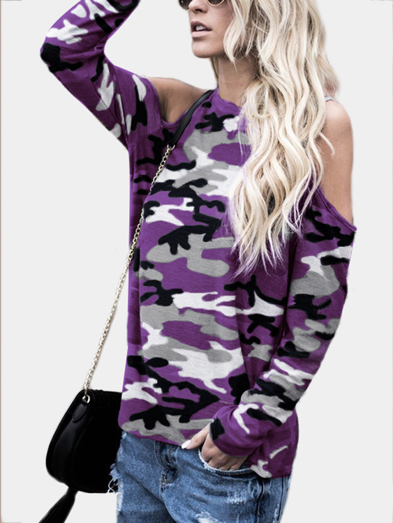 Purple Camouflage Round Neck Cold Shoulder Long Sleeves T-shirt