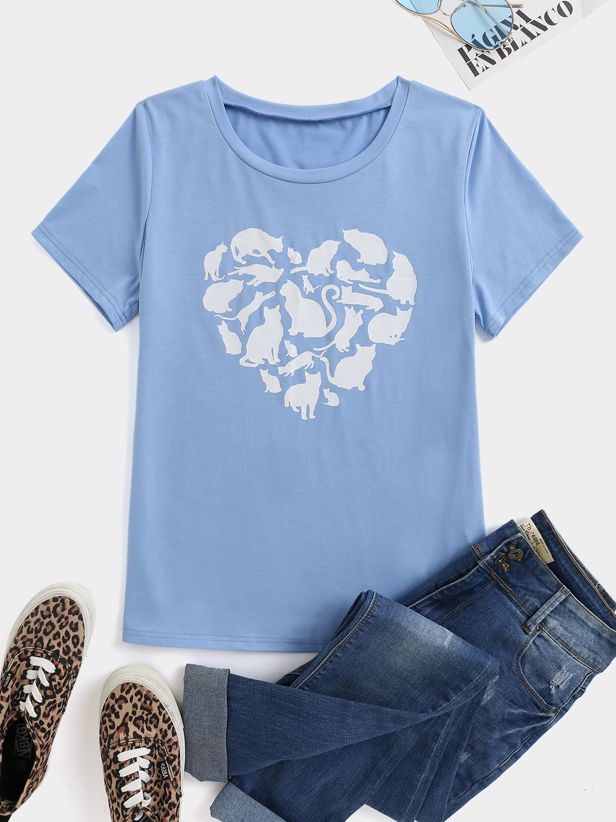 YOINS Cat & Heart Print Crew Neck Short Sleeves Tee