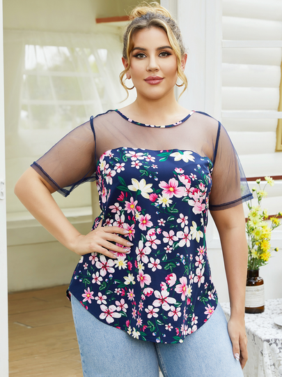 YOINS Plus Size Crew Neck Floral Print Short Sleeves Blouse